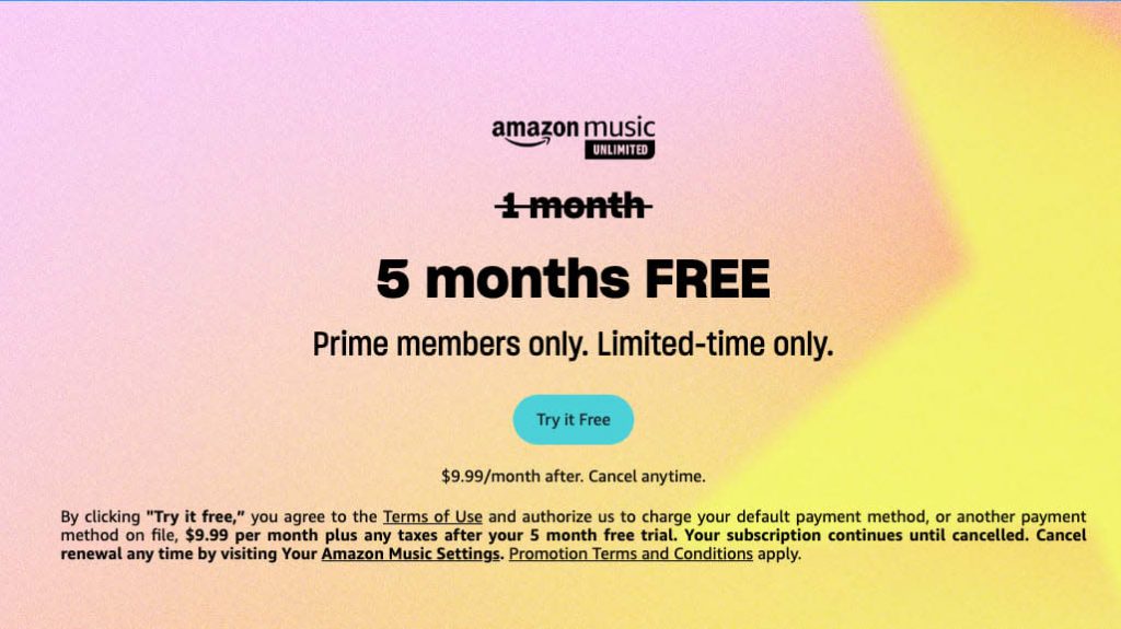 Get five months of Amazon Music Unlimited for free.