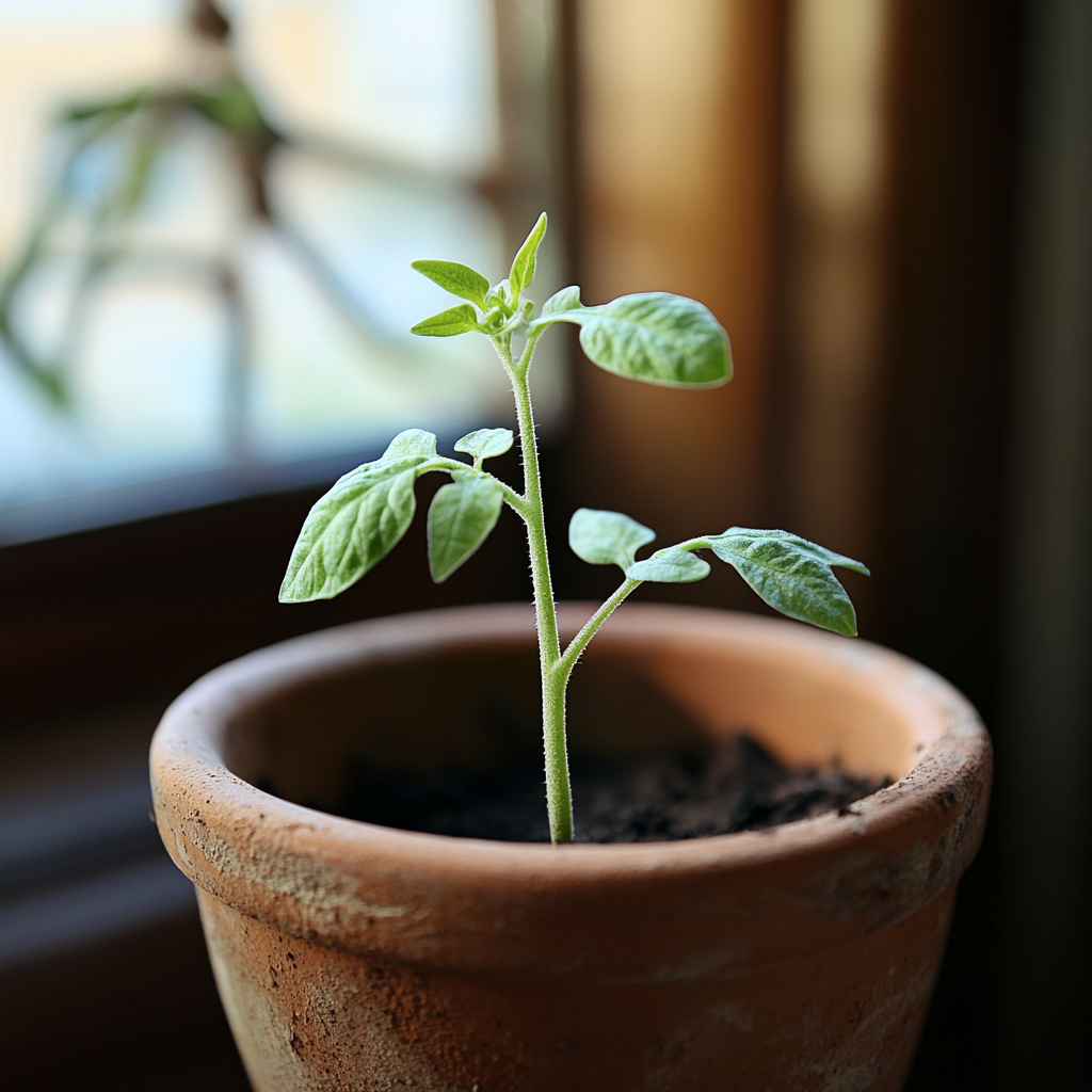 roma tomato seedling grown in window