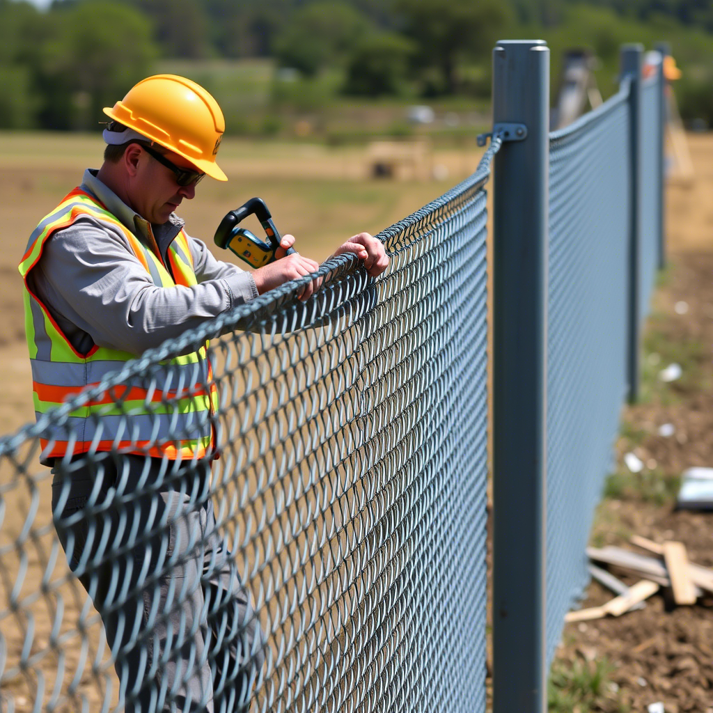A worker installing a fence
