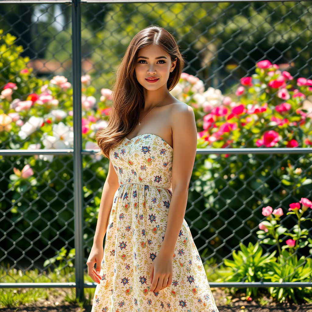 woman in front of a chain link fence around a garden