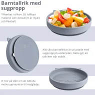 Barntallrik med sugpropp. Bilden visar tallrikens material och design.