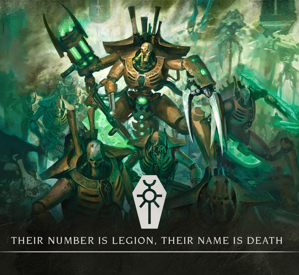 Para cego ver: Um Senhor Skorpekh acompanhado por um exército necron composto de Guerreiros, um Guardião Real, alguns Destruidores Skorpekhs e alguns veículos.