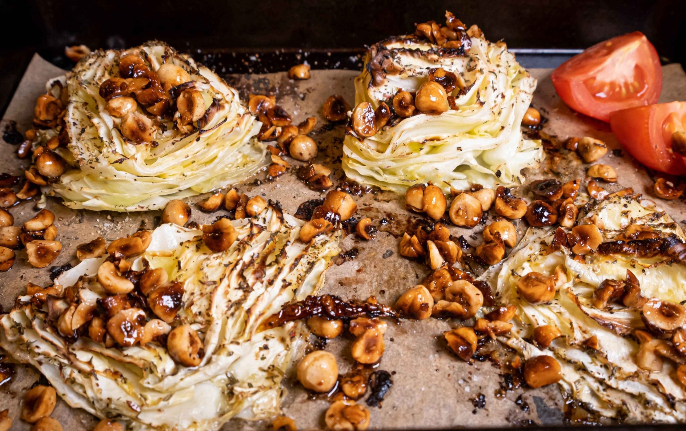 Oil and lemon marinated cabbage with butter roasted hazelnuts