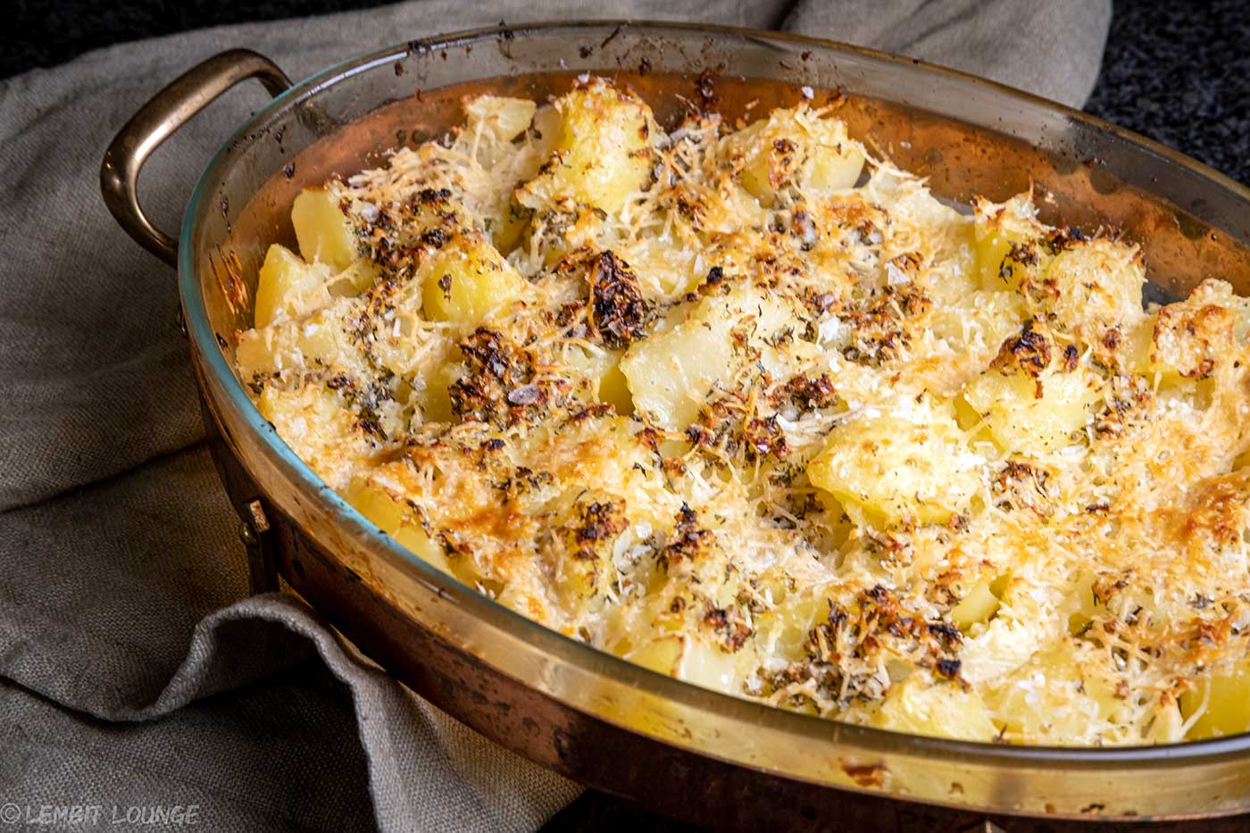 Smashed Potatoes with Parmesan garlic oregano thyme