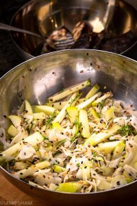 Cod in soy marinade on a fennel bed apple lemon