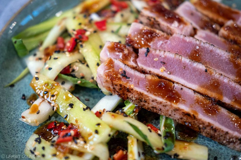 Seared Tuna Teriyaki and Pak Choi garlic cucumber sesame chili