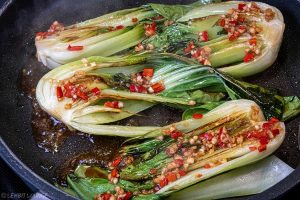 Marinated Salmon with Pak Choi garlic lemon soy sesame