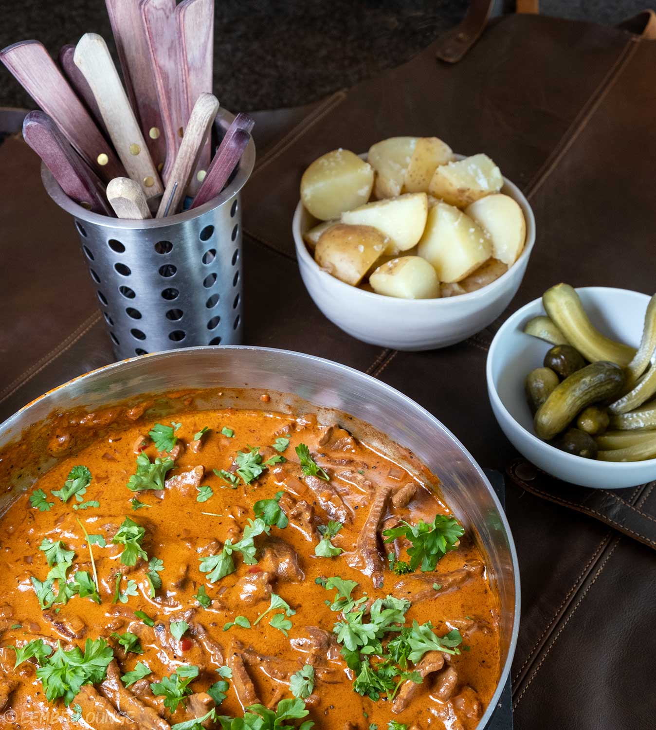 Tasty Beef Stroganoff pickles potatoes creamy sauce