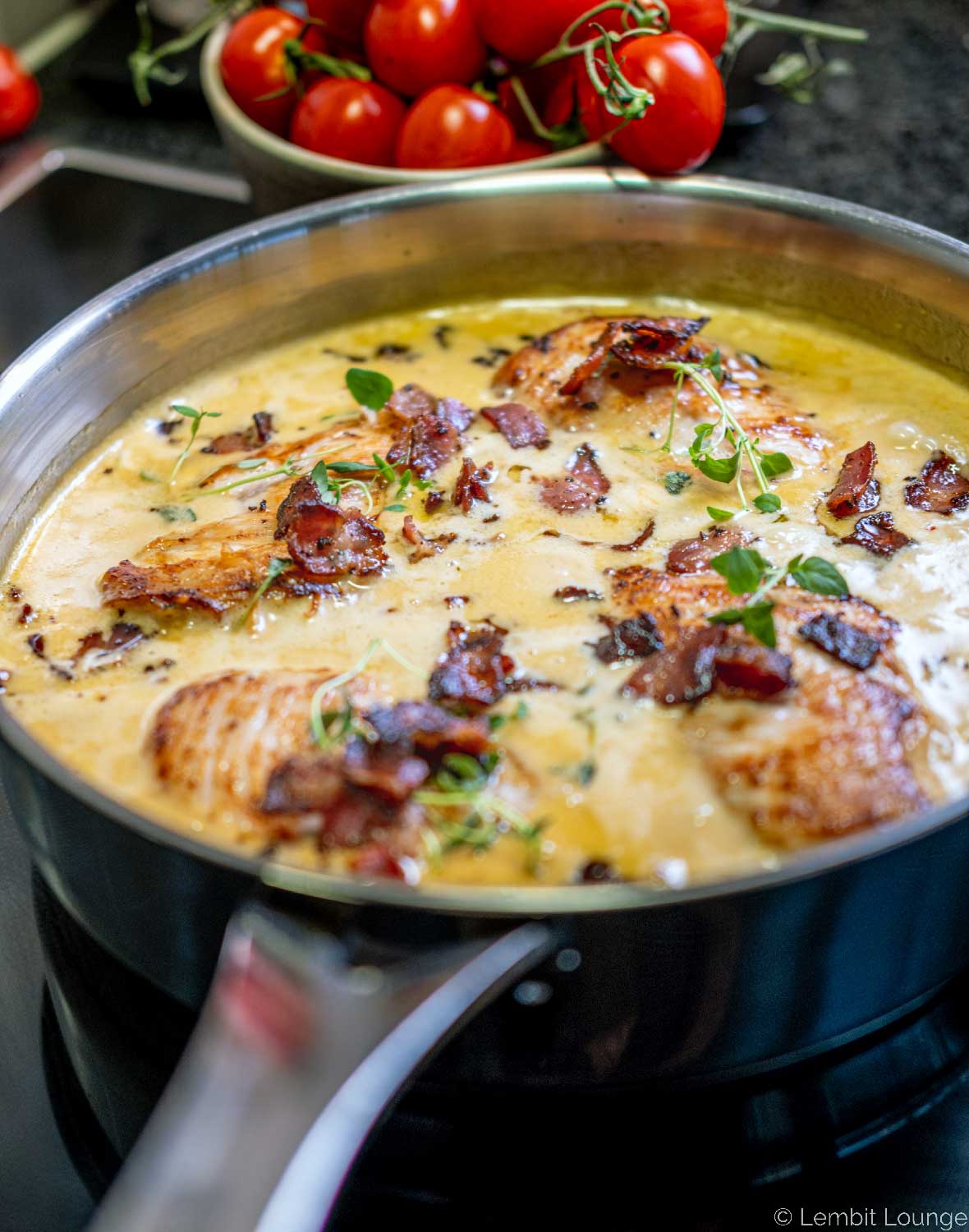 Chicken stew with parmesan and wine Dijon mustard bacon