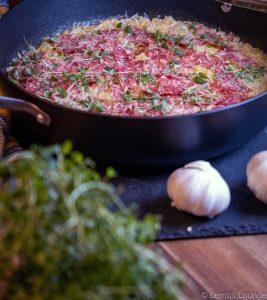 Baked Risotto with Fennel Salami wine garlic parmesan creamy