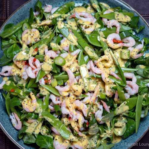 Shrimp salad with passion fruit dressing chili sugar peas mache LCHF