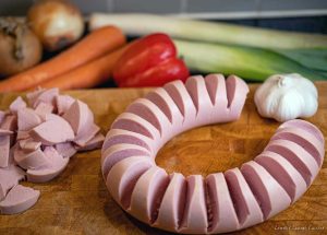 Falukorv on a bed of Vegetables foodbox easy to make flavorful Falu baloney bologna swedish sausage