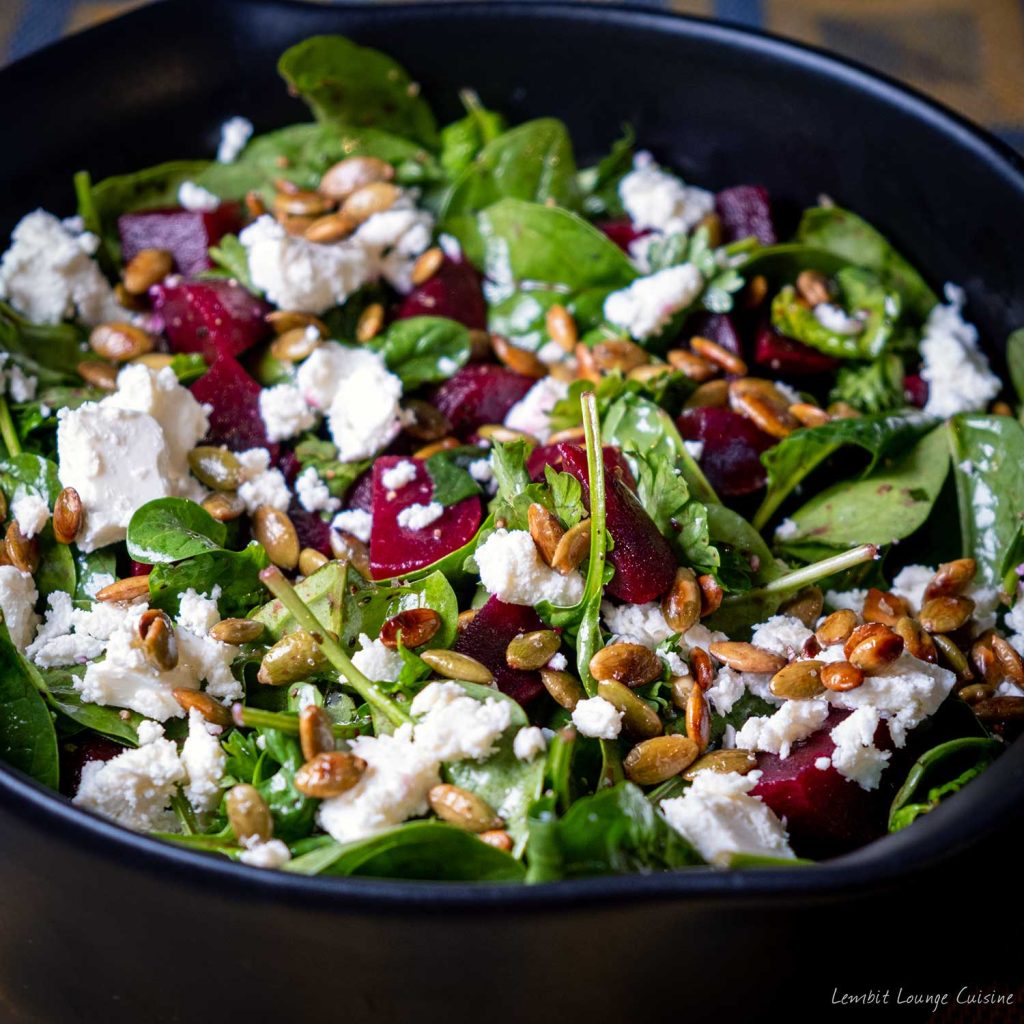 Beetroot and Feta Cheese Salad roasted pumpkin baby spinach Lemon Vinaigrette