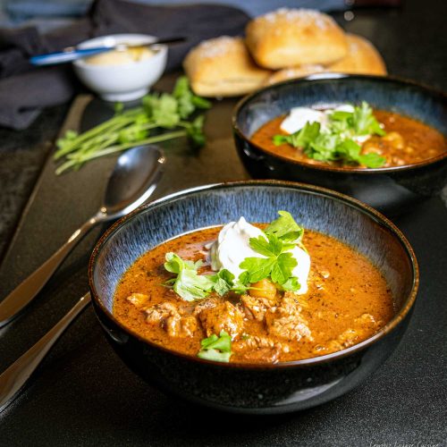 Fast and Delicious Beef Goulash garlic smoke pepper thyme cayenne parsley crème fraiche