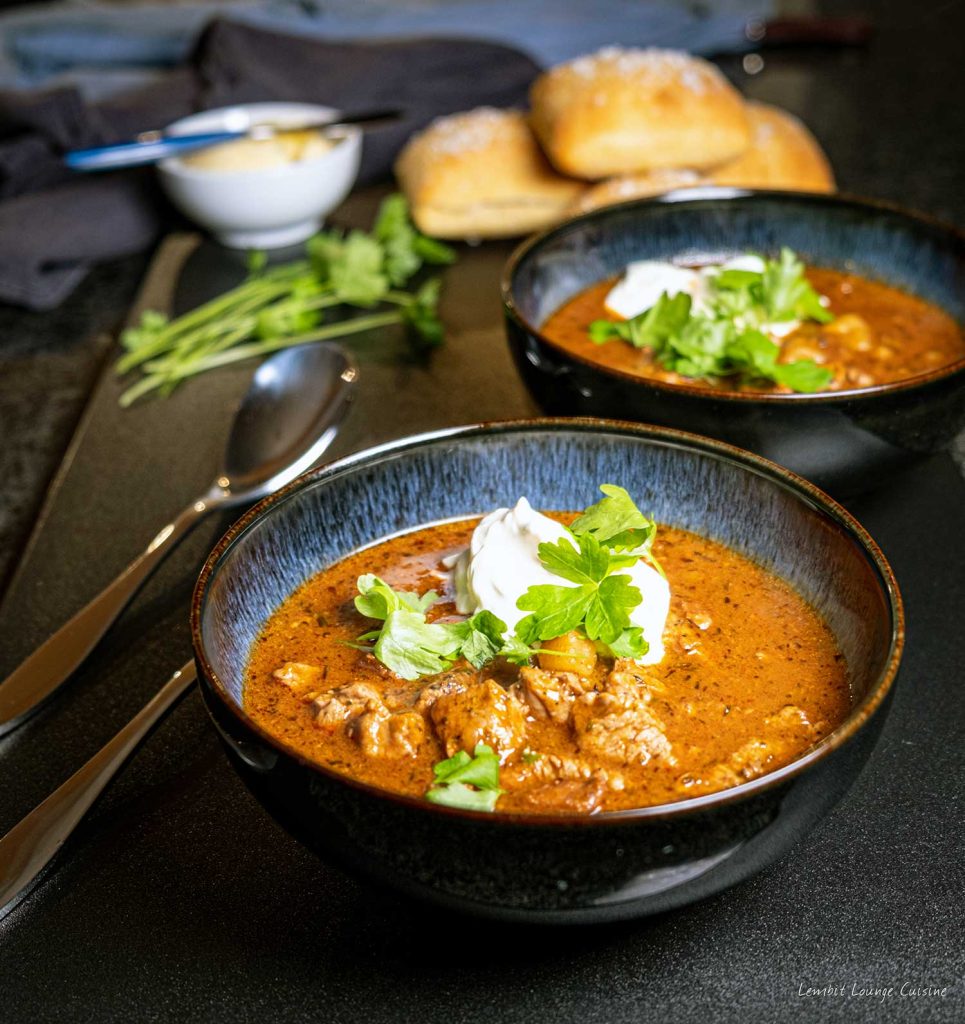 Fast and Delicious Beef Goulash garlic smoke pepper thyme cayenne parsley crème fraiche