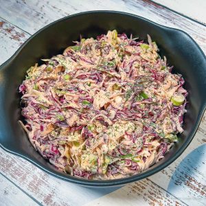 The Best Creamy Coleslaw dill green onions red white cabbage Dijon mustard vinegar honey mayonnaise