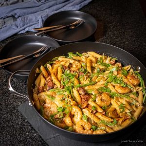 Creole Shrimp Pasta with Sausage spicy easy quick Vannamei garlic penne