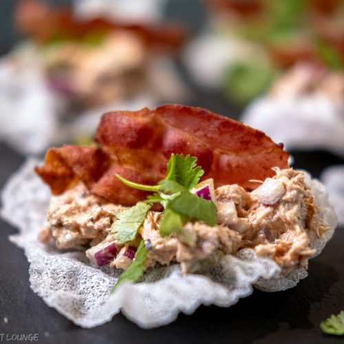 Tuna in fried rice paper cups bacon cilantro snack