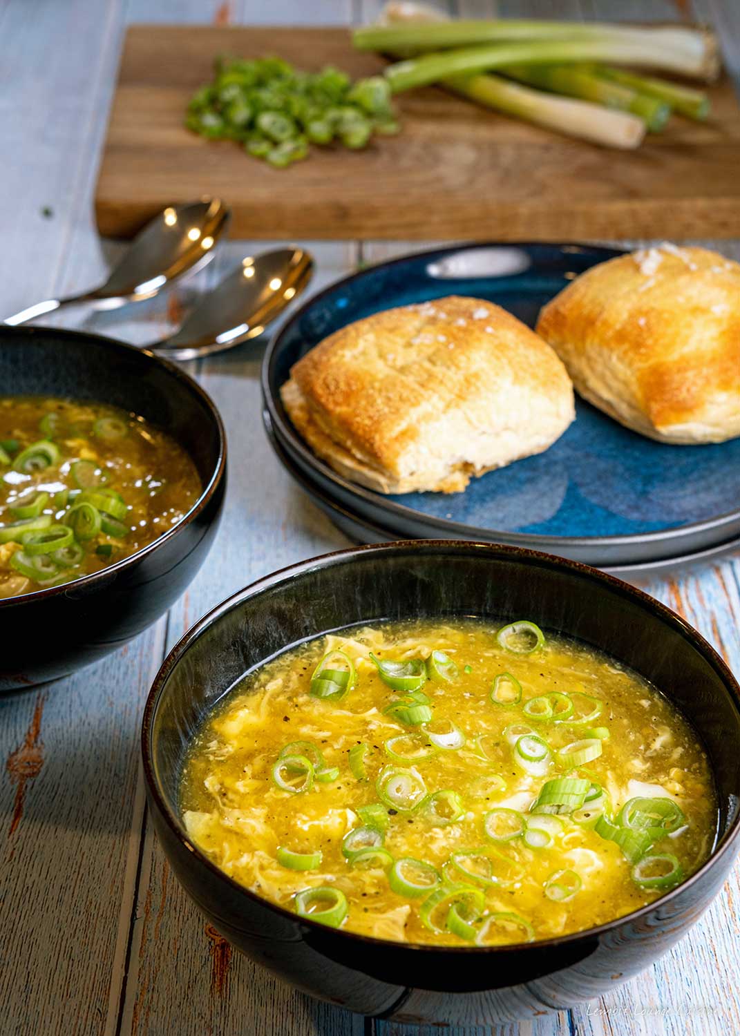 Egg drop soup with chicken garlic ginger scallions turmeric stock broth quick easy