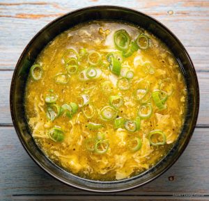 Egg drop soup with chicken garlic ginger scallions turmeric stock broth quick easy