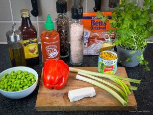 Edamame salad with rice and feta. Healthy plant-based proteins