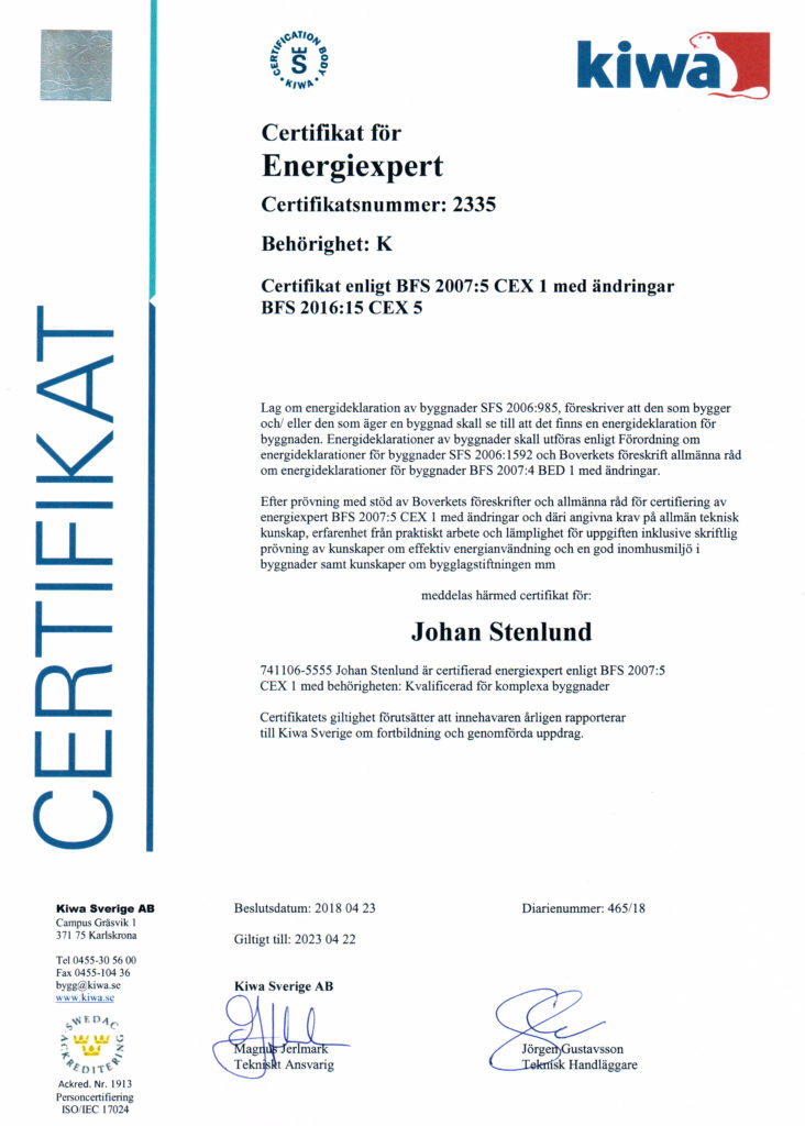 Certifikat Energiexpert Johan Stenlund Leosol Energi AB