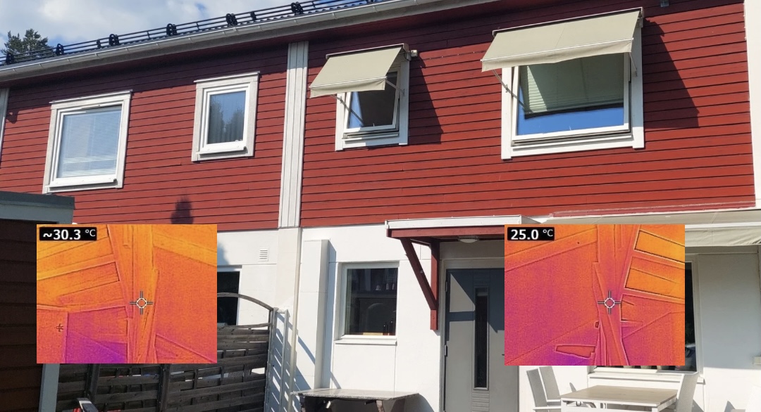 Röd fasad med fönster med bilder på vy genom mätningsverktyg inmonterade