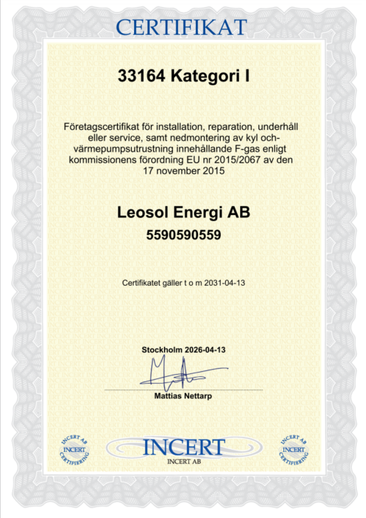 Bild på kylcertifikat för Leosol Energi AB