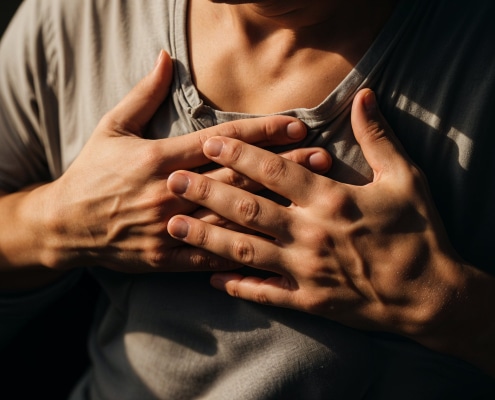 Man met handen op borst - zelfverbinding en lichaamsbewustzijn bij holistische massagetherapie