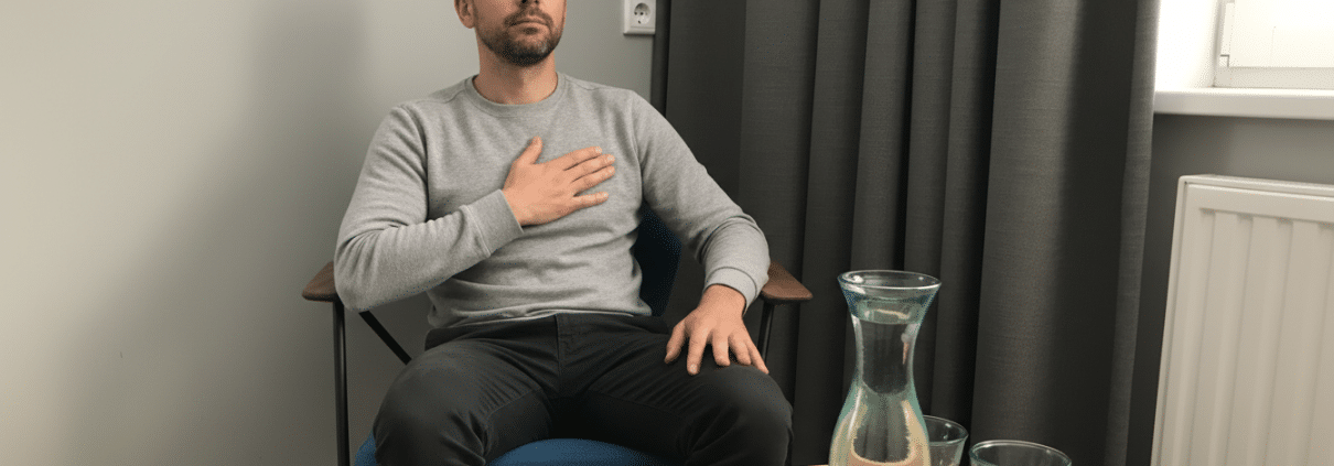 Man ervaart lichaamsbewustzijn tijdens moment van zelfreflectie in therapeutische setting