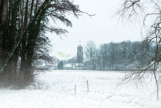 Snow winter view at the church of Bottelare, Merelbeke, Flanders, Belgium