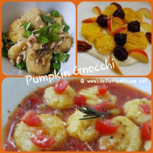 Three different pumpkin gnocchi in white bowls. Savoury and sweet versions.
