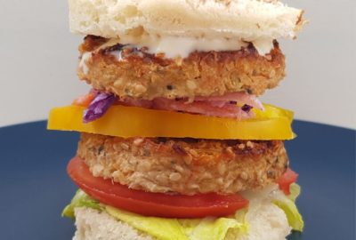 Vegan burger stack with salad and skinny bun