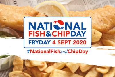 Fish and chip background with National fish and chip day logo over the top.