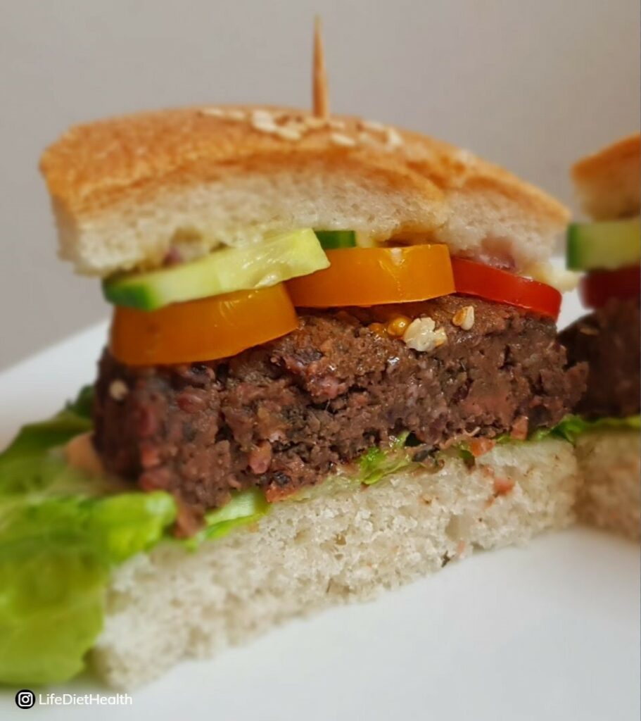 Beetroot burger cut in half