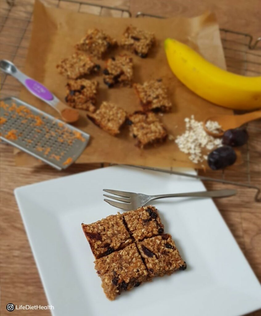 flapjack on a white plate with ingredients in background