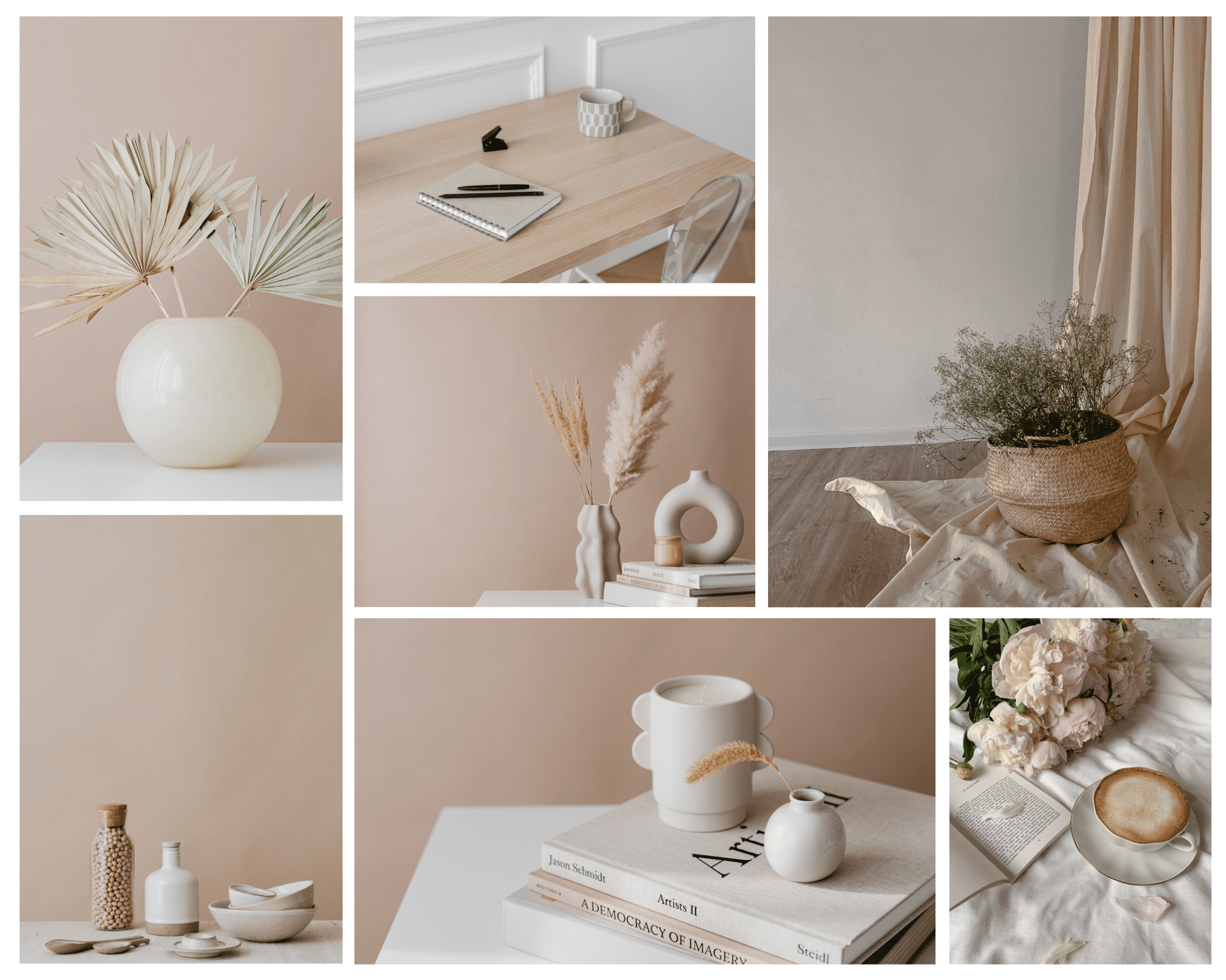 A collage of minimalist decor featuring dried flowers in various vases, a desk with a cup, saucer, and pen for personal development notes, a woven basket with greenery, small containers and a cutting board, books stacked with small ornaments on top, and a cup of coffee perfect for women's coaching sessions.