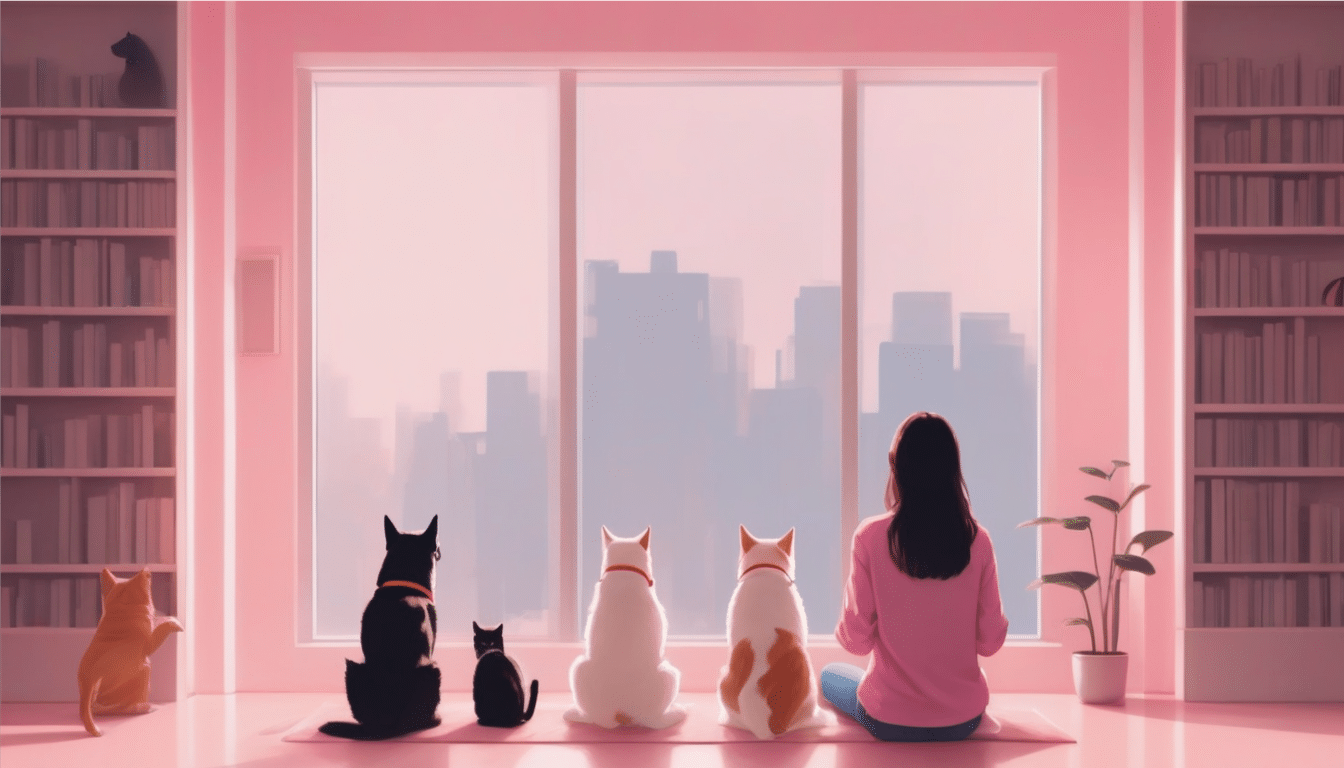 A woman and five cats sit facing a large window on a pink-toned indoor balcony. The window overlooks a cityscape with tall buildings. Shelves filled with books and a potted plant, symbolizing the open boundaries of her life-coaching space, are visible on either side of the window.