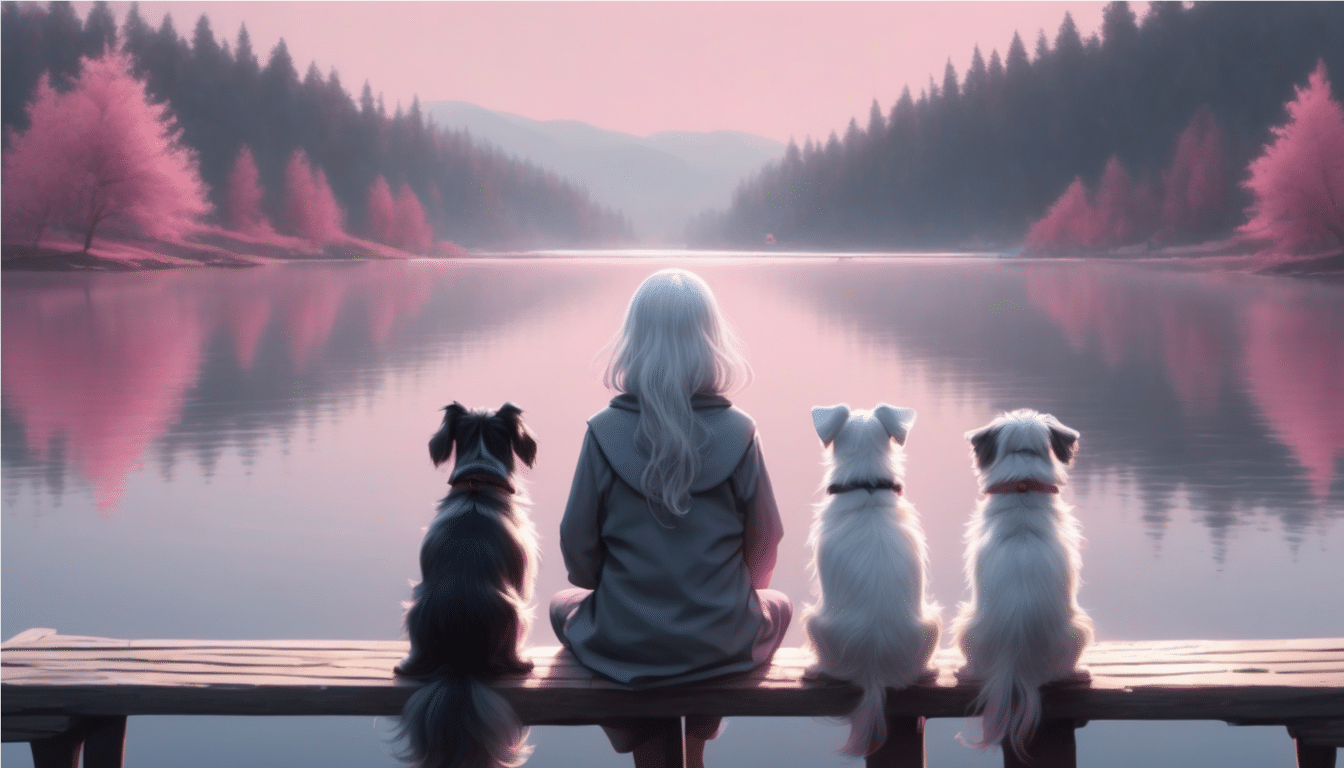 A white-haired person sits on a wooden dock facing a serene lake with three dogs beside them, perhaps reflecting on their personal development. The scene is set during sunset with pink hues in the sky and trees, creating a peaceful ambiance.