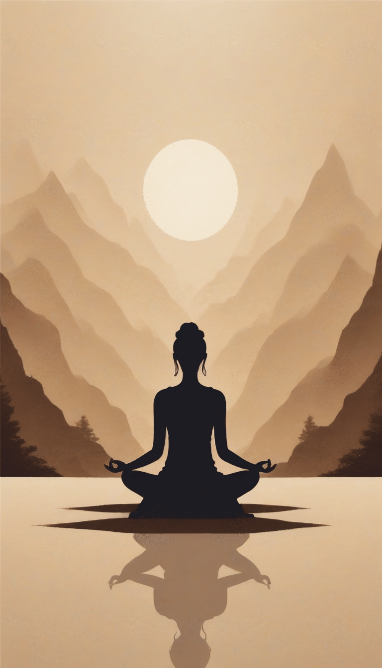 Silhouette of a person sitting in a lotus position, meditating with a large sun in the background. The scene features mountains and trees in subdued colors, creating a tranquil and contemplative atmosphere. Reflections are visible on a calm water surface, embodying personal development and inner peace.