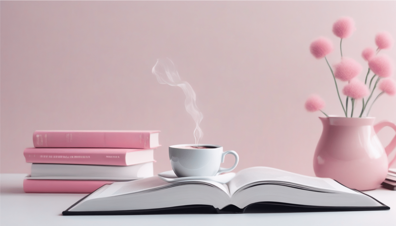 An open book on personal development lies on a white surface with a steaming cup of coffee beside it. Next to the book, several pink books are stacked high. A pink vase containing soft, pink pom-pom flowers is placed to the right, against a light pink background.