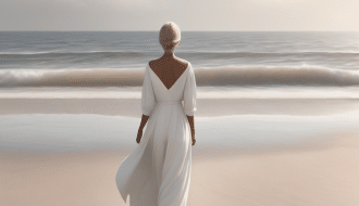 A woman in a white dress walks towards the ocean on a deserted beach, embracing personal development. The sky is clear with a few clouds, and gentle waves are washing onto the shore. The scene is calm and serene, symbolizing her journey of breaking boundaries.