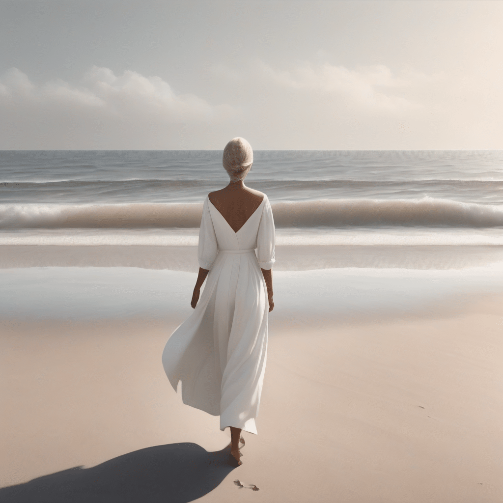 A woman in a white dress walks towards the ocean on a deserted beach, embracing personal development. The sky is clear with a few clouds, and gentle waves are washing onto the shore. The scene is calm and serene, symbolizing her journey of breaking boundaries.