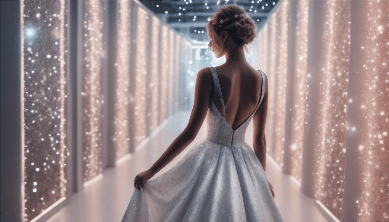 A woman in a sparkly white gown with a deep V-back stands in a corridor lit by numerous small, glowing lights. Her hair is styled in an updo, and she is seen from behind as she holds the sides of her dress. The hall exudes a dreamy atmosphere, reminiscent of the elegance emphasized in women's coaching sessions.