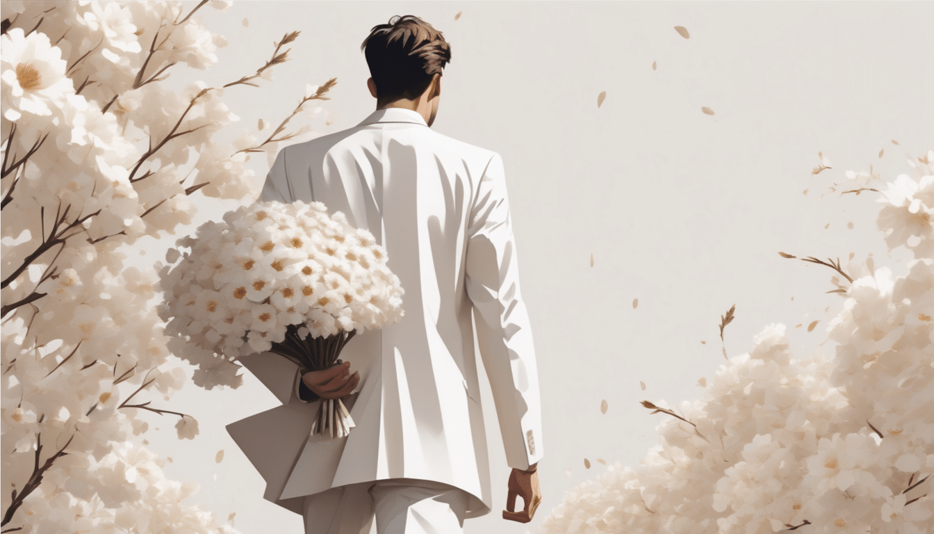 A man in a white suit is seen from behind, holding a large bouquet of white flowers. He is walking through a path flanked by blossoming trees, petals gently falling around him. The serene, dreamy atmosphere evokes the transformative journey of personal development and coaching.