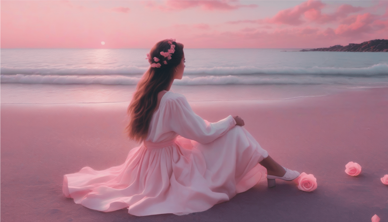 A woman sits on a beach dressed in a pink gown, wearing a flower crown, looking towards the ocean and sunset. Pink roses lie on the sand near her. The sky is filled with pink clouds, and the scene is bathed in a pinkish hue—a serene moment of personal development and reflection.