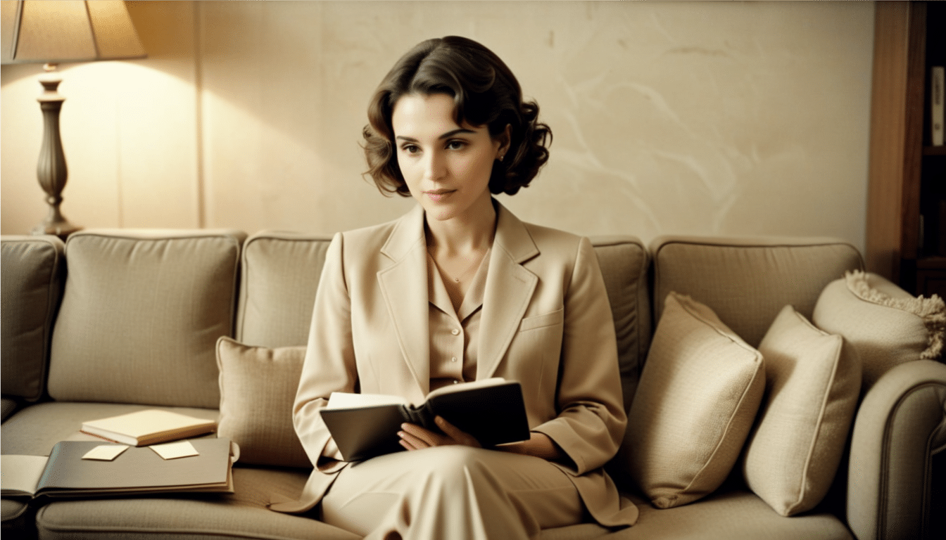 A woman with short, curled hair is sitting on a beige sofa, holding and reading an open book. Dressed in a beige blazer and blouse, she appears immersed in her personal development journey. Several pillows and a lamp in the background suggest a cozy, comfortable setting ideal for women's coaching.