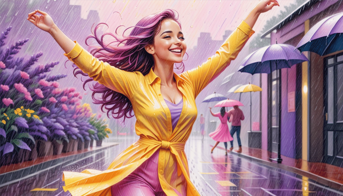 A woman with purple hair and a yellow coat, a coach for women focused on personal development, dances joyfully in the rain on a colorful street. Surrounded by blooming flowers, she radiates energy and inspiration. Others with umbrellas pause to admire her spirit in this vibrant scene. coach