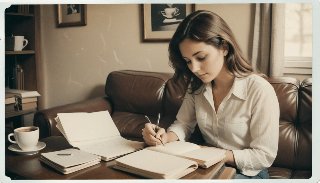 A woman with long hair sits at a wooden table in a cozy room, writing in a notebook. She's surrounded by a cup of coffee, an open book on personal development, and other papers. The room has framed pictures on the walls and a window that lets in natural light.