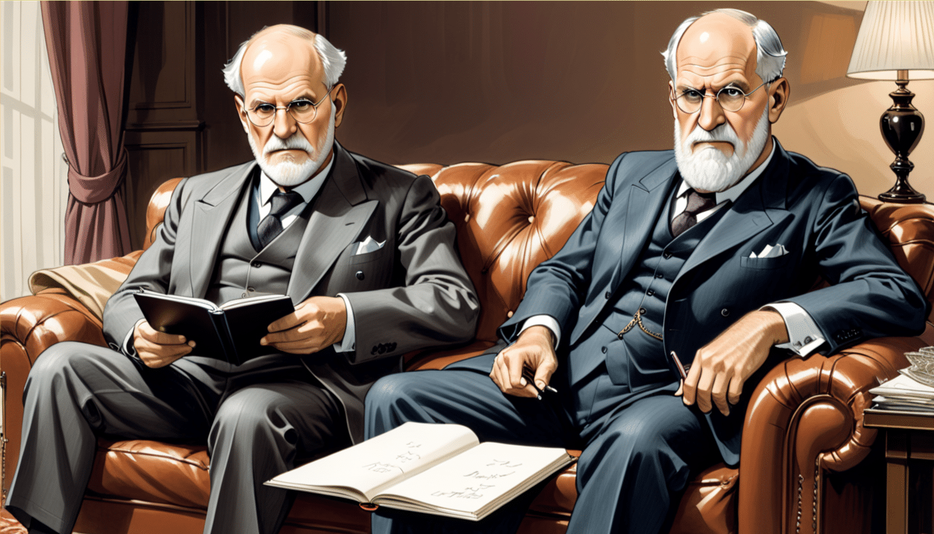 Two elderly men, both with white beards and glasses, sit on a brown leather couch. One is holding a book, while the other has a notebook open on the table in front of them. Dressed in formal suits, they seem to be discussing coaching strategies in a study or library setting.